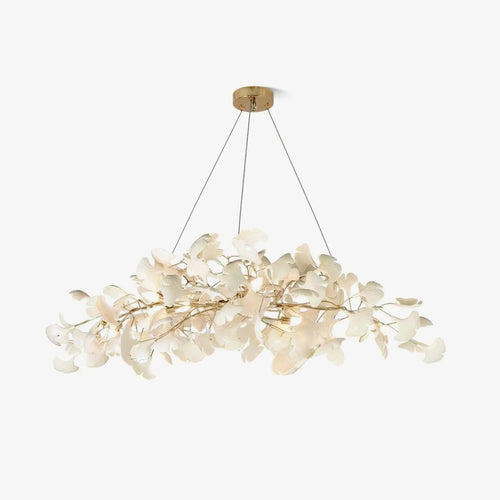 Long chandelier of dense white porcelain leaves on gold branches
