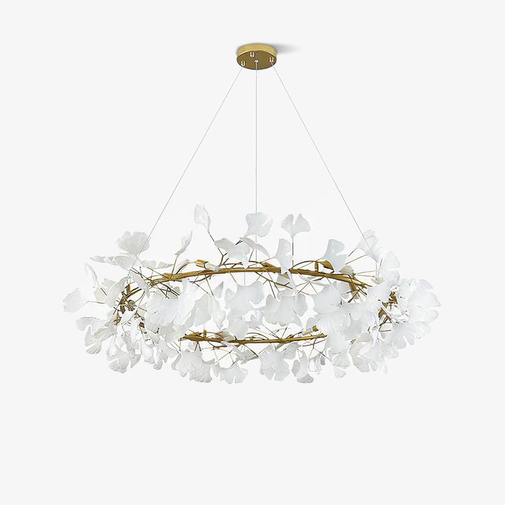Chandelier, White Porcelain Ginkgo Leaves, Brass Ring, G9, Dimmable