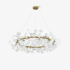 Chandelier, White Porcelain Ginkgo Leaves, Brass Ring, G9, Dimmable