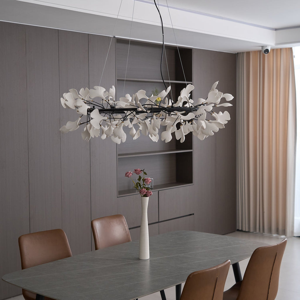 Chandelier, White Porcelain Ginkgo Leaves, Brass Ring, G9, Dimmable