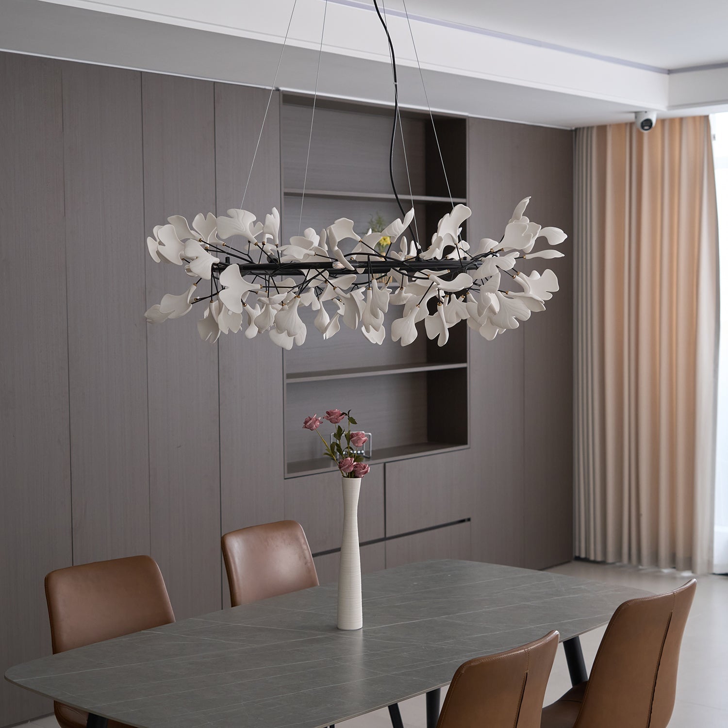 Chandelier, White Porcelain Ginkgo Leaves, Brass Ring, G9, Dimmable