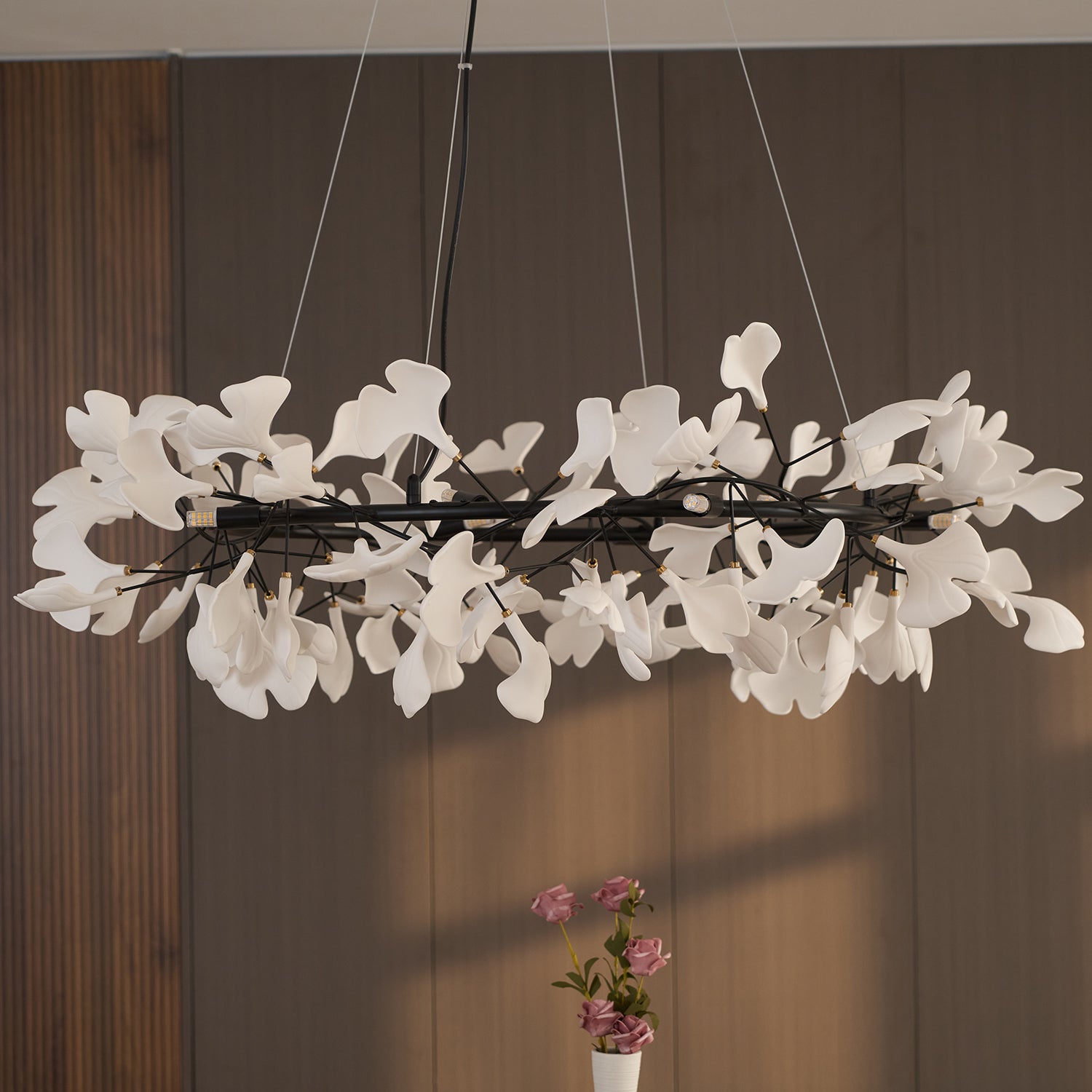 Chandelier, White Porcelain Ginkgo Leaves, Brass Ring, G9, Dimmable