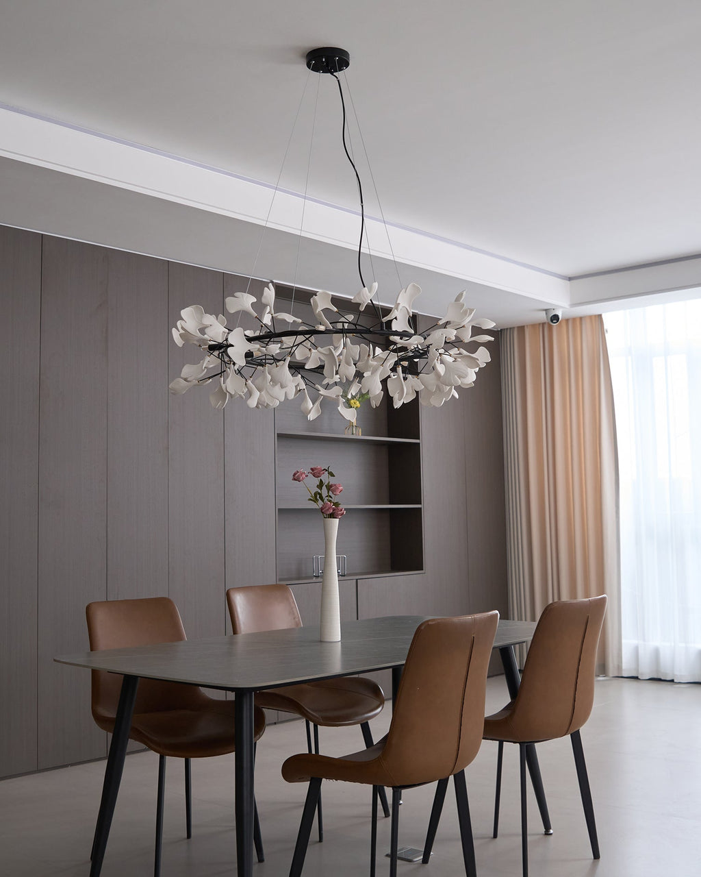 Chandelier, White Porcelain Ginkgo Leaves, Brass Ring, G9, Dimmable