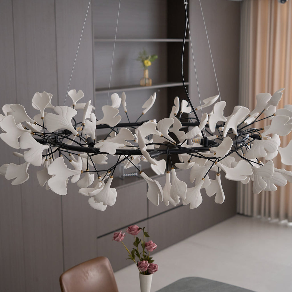 Chandelier, White Porcelain Ginkgo Leaves, Brass Ring, G9, Dimmable