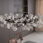 Chandelier, White Porcelain Ginkgo Leaves, Brass Ring, G9, Dimmable