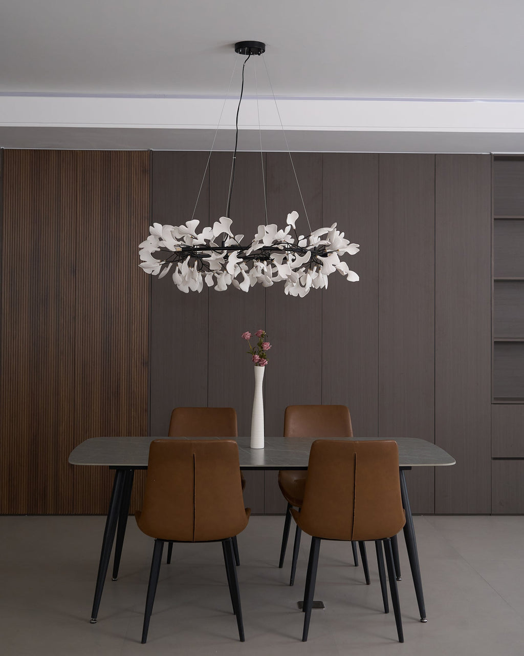 Chandelier, White Porcelain Ginkgo Leaves, Brass Ring, G9, Dimmable