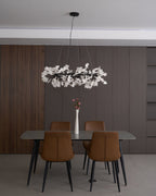 Chandelier, White Porcelain Ginkgo Leaves, Brass Ring, G9, Dimmable