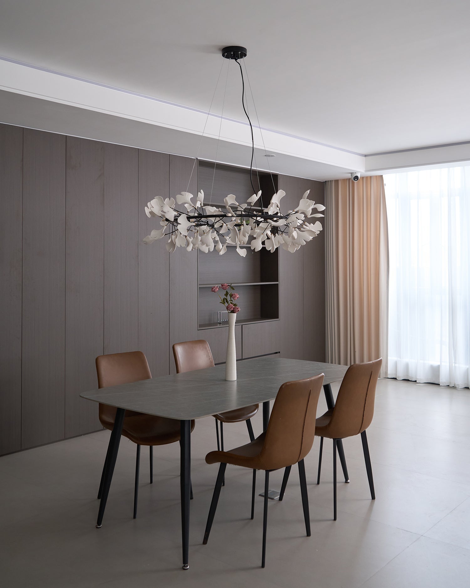 Chandelier, White Porcelain Ginkgo Leaves, Brass Ring, G9, Dimmable
