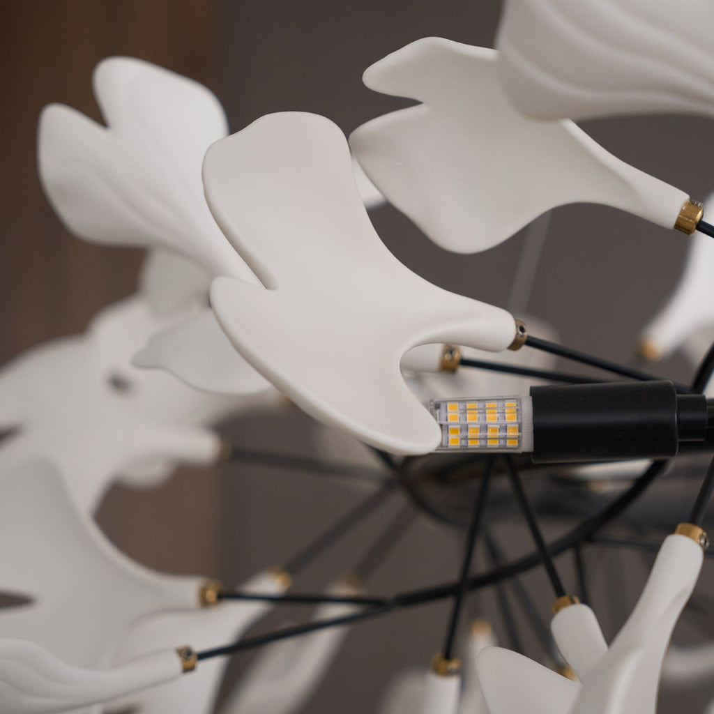 Chandelier, White Porcelain Ginkgo Leaves, Brass Ring, G9, Dimmable