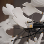 Chandelier, White Porcelain Ginkgo Leaves, Brass Ring, G9, Dimmable