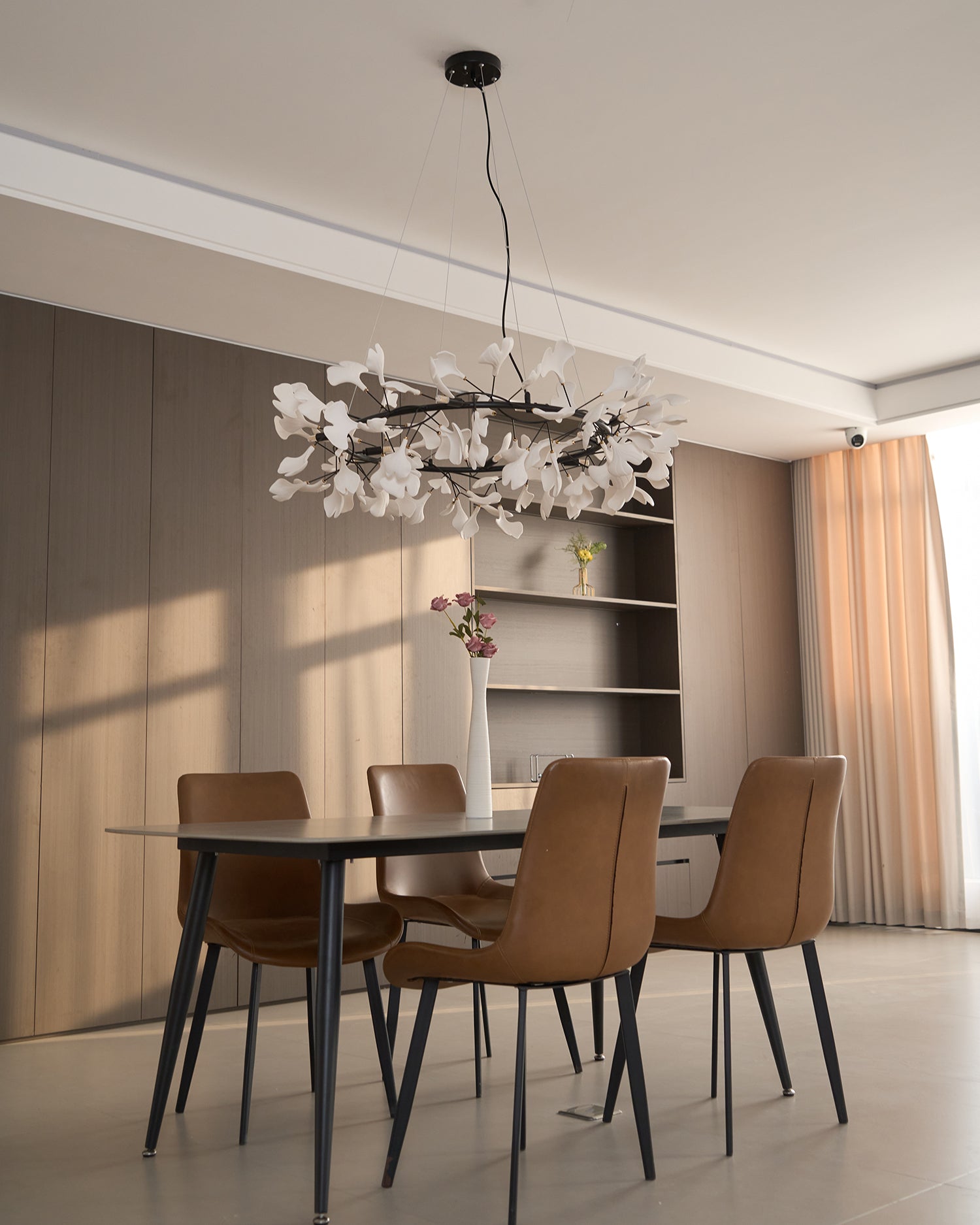Chandelier, White Porcelain Ginkgo Leaves, Brass Ring, G9, Dimmable