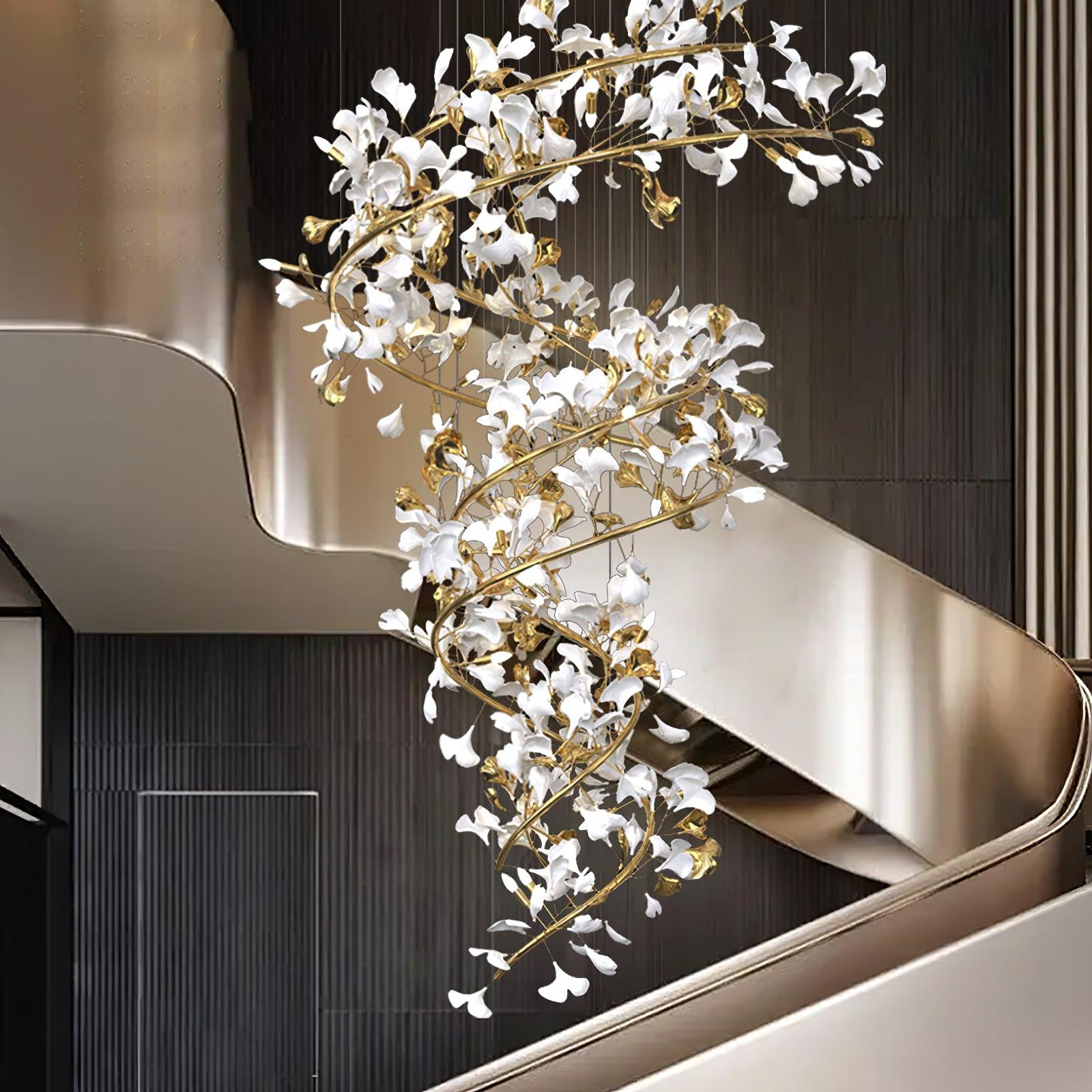 The gingko column hung against dark panelling, its leaves reflected in a curved brushed-gold balustrade.