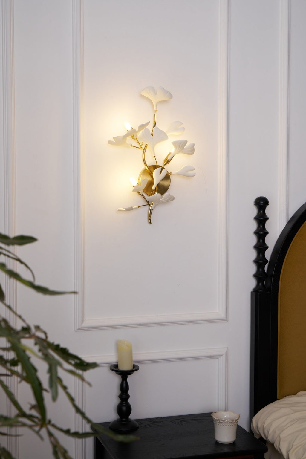 Væglampe, hvide keramiske ginkgo-blade, G9, guld- eller nikkelfinish