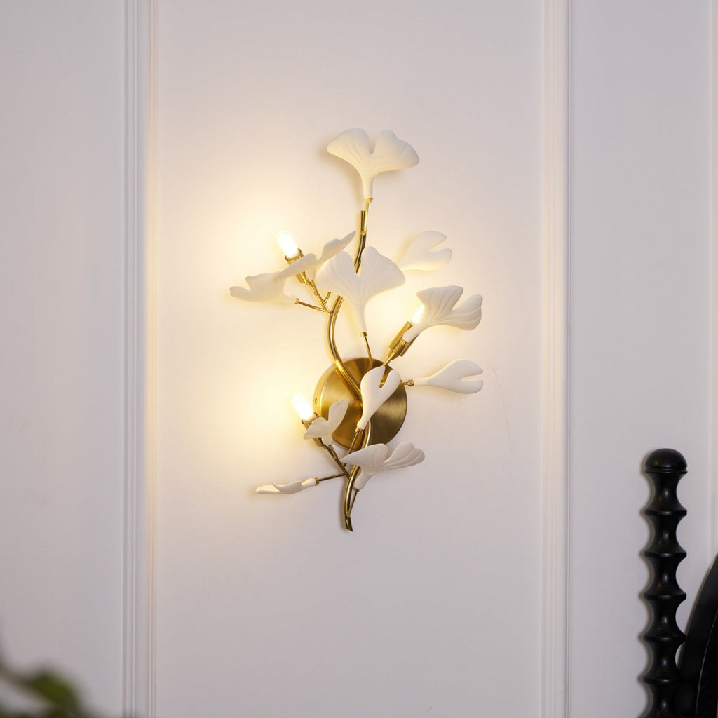 Nickel ginkgo leaf wall lamp with white ceramic leaves