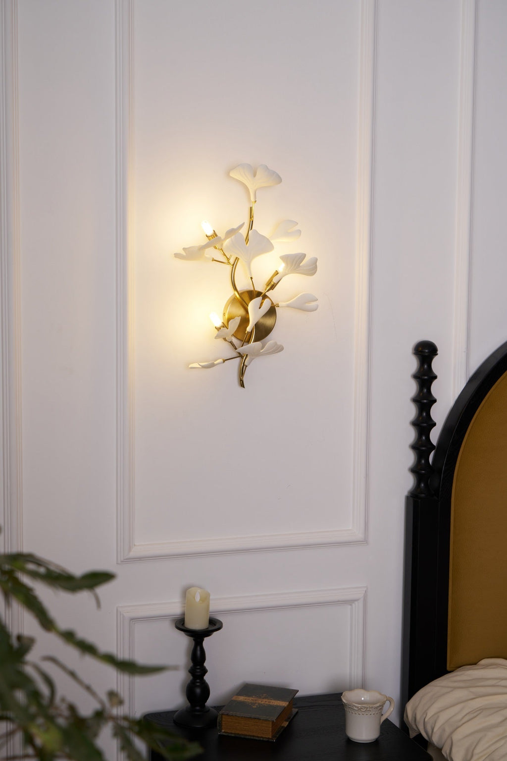 Væglampe, hvide keramiske ginkgo-blade, G9, guld- eller nikkelfinish