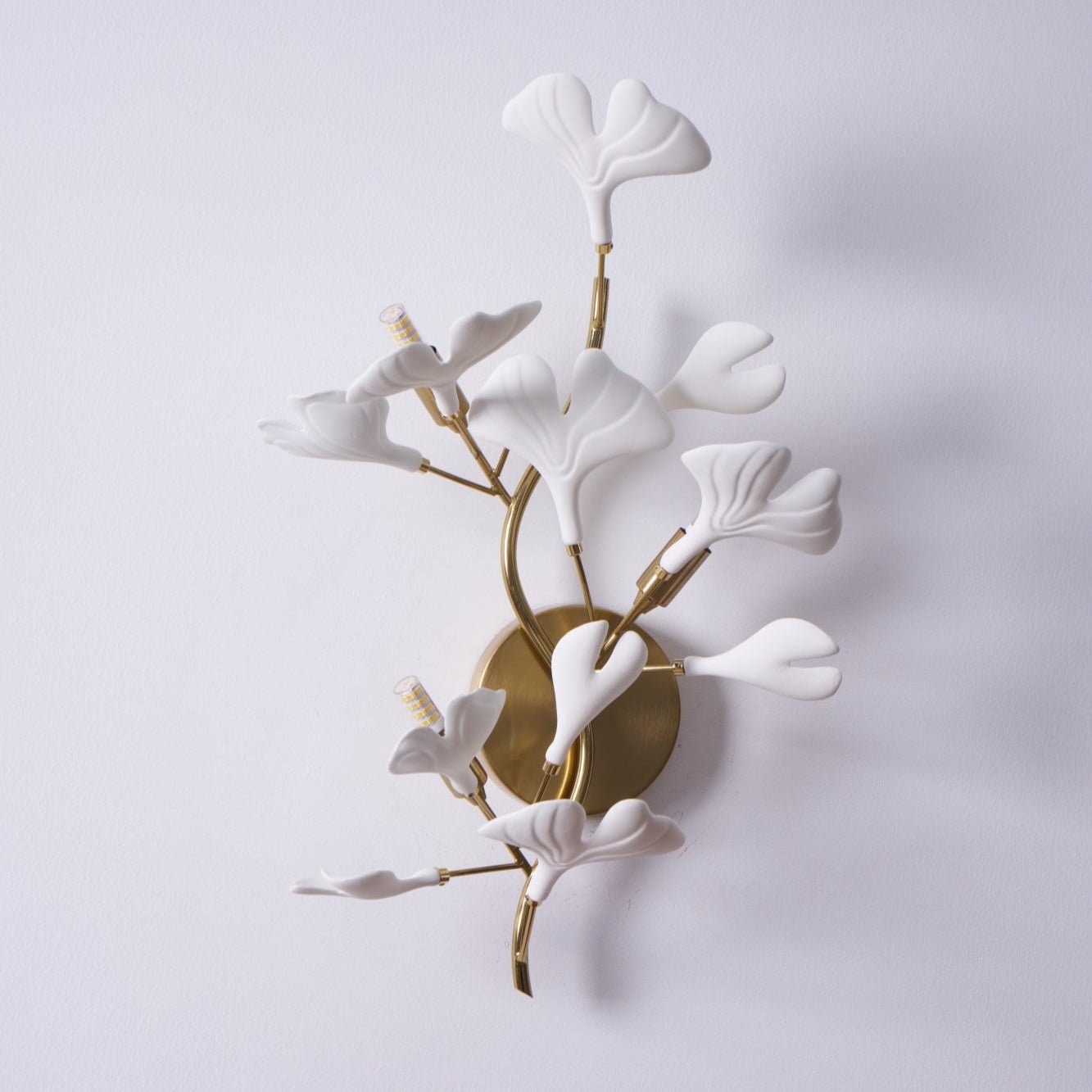 Væglampe, hvide keramiske ginkgo-blade, G9, guld- eller nikkelfinish