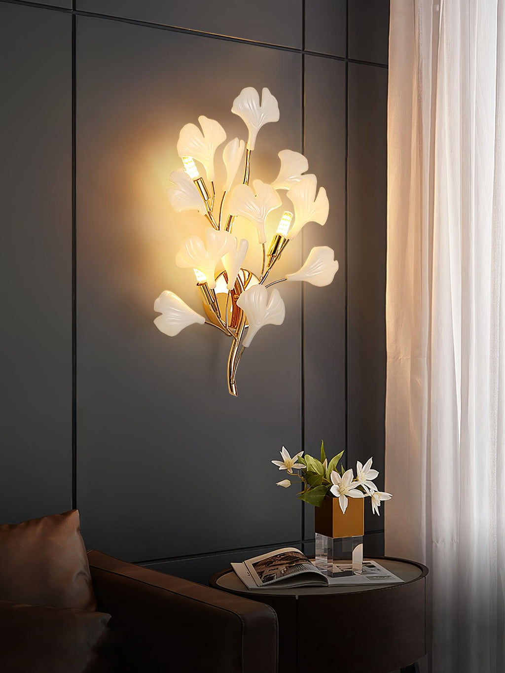 Væglampe, hvide keramiske ginkgo-blade, G9, guld- eller nikkelfinish