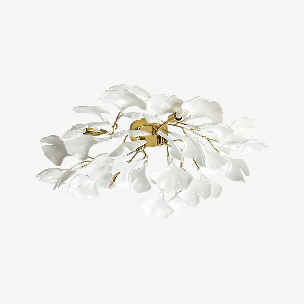 Ceramic ginkgo leaf ceiling lamp with gold finish lit warm