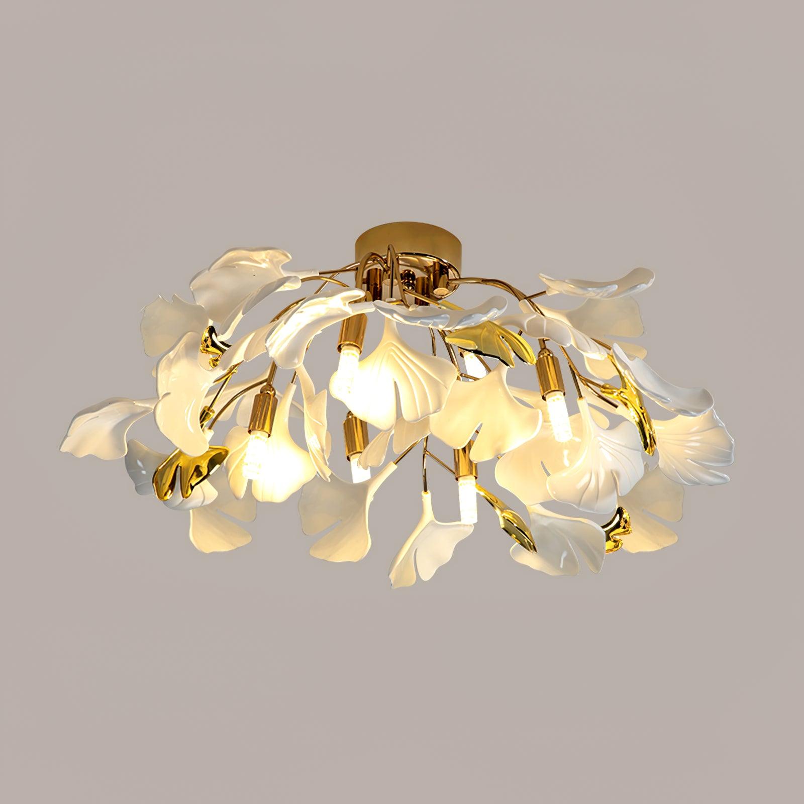 Ginkgo leaf ceiling light glowing warmly over a living space