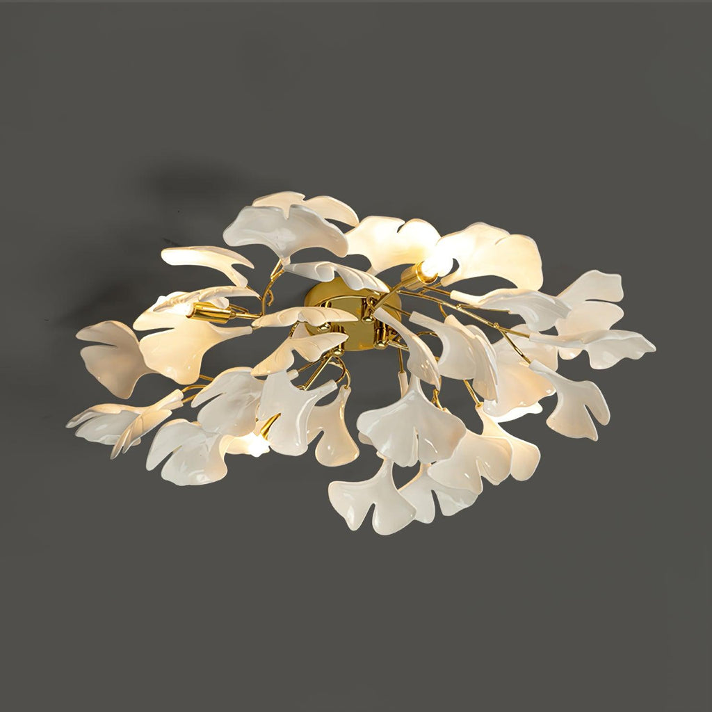 Loftlampe, hvide keramiske ginkgo-bladskærme, G9, guldfinish