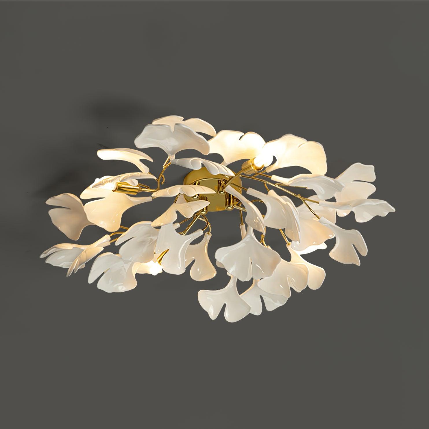 Loftlampe, hvide keramiske ginkgo-bladskærme, G9, guldfinish