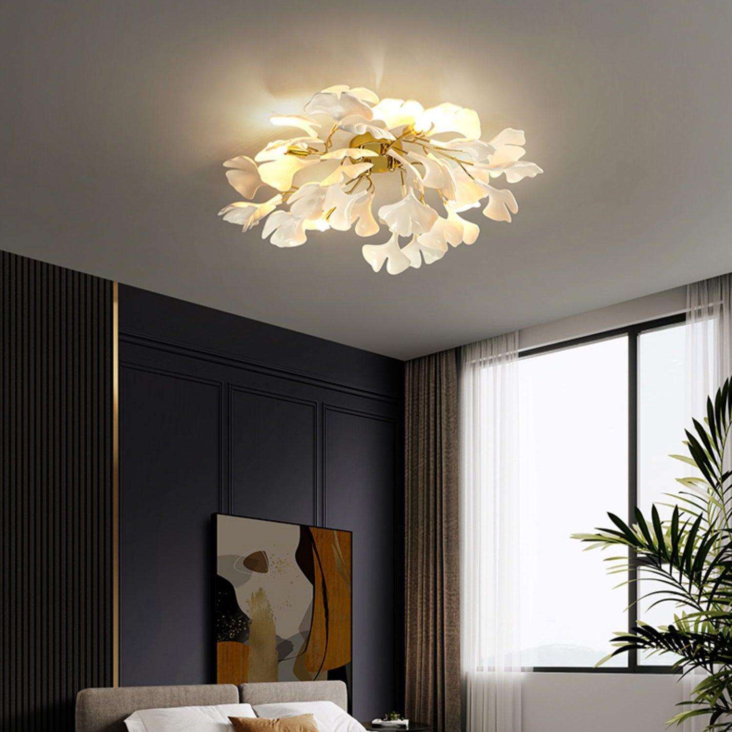 Side angle of the ginkgo leaf ceiling light and gold body