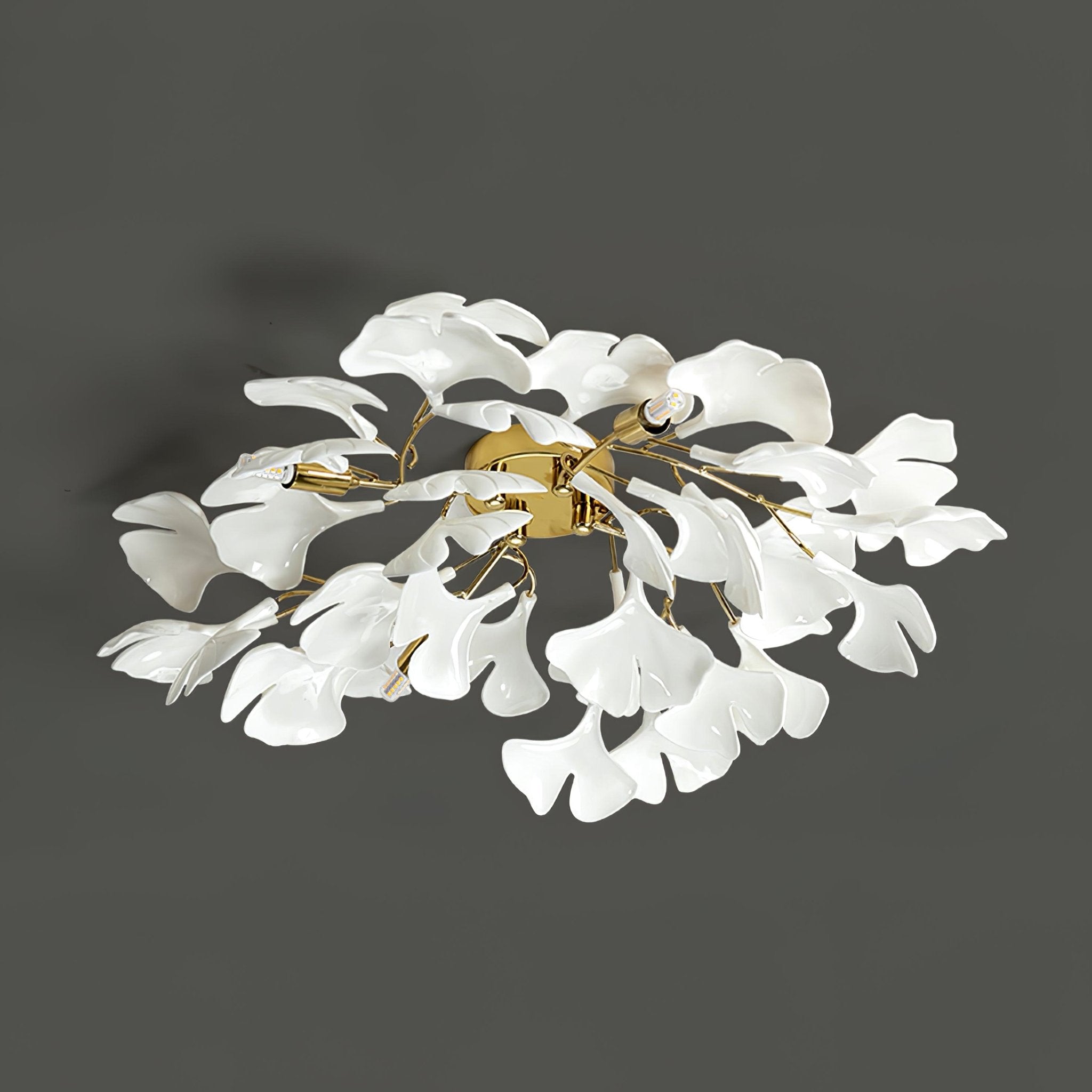 Loftlampe, hvide keramiske ginkgo-bladskærme, G9, guldfinish