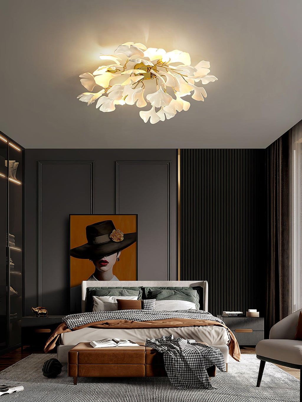 Warm-lit ceramic ginkgo leaf ceiling fixture from below