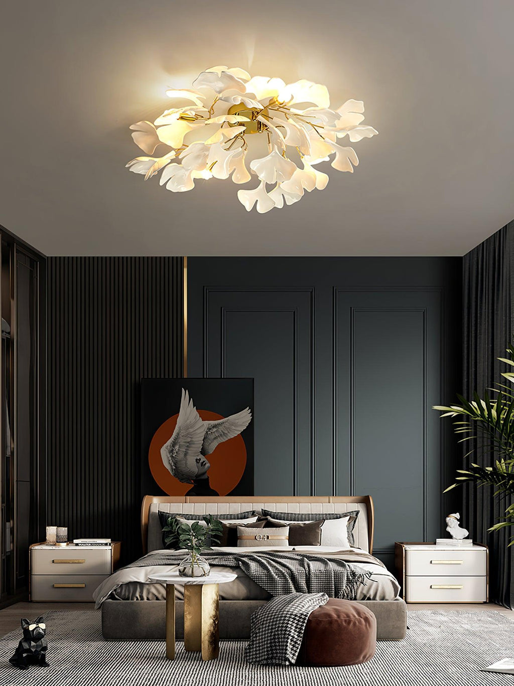 Loftlampe, hvide keramiske ginkgo-bladskærme, G9, guldfinish