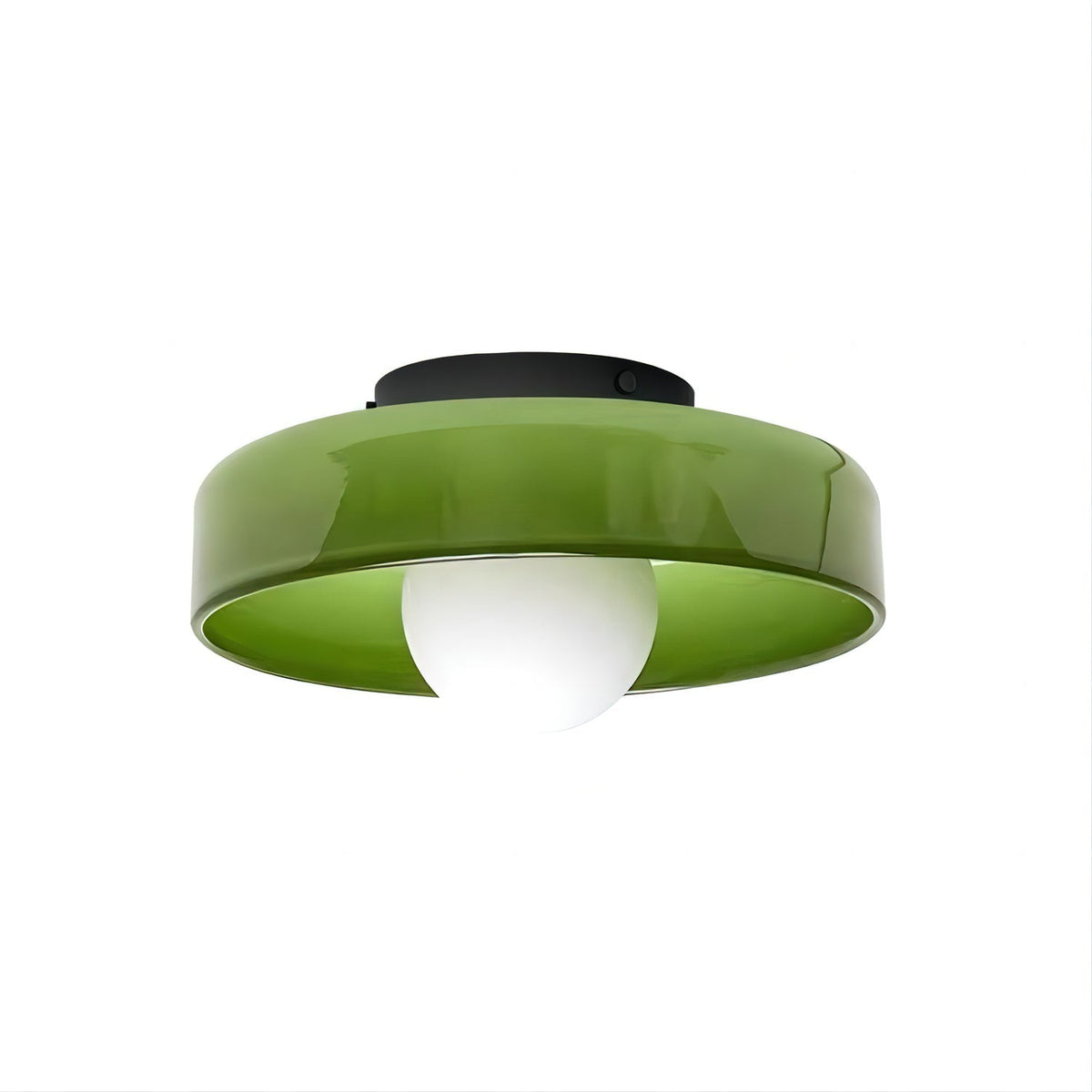 This Clérachic ceiling light in green glass, its dark mounting plate visible, ball unlit against a plain backdrop.