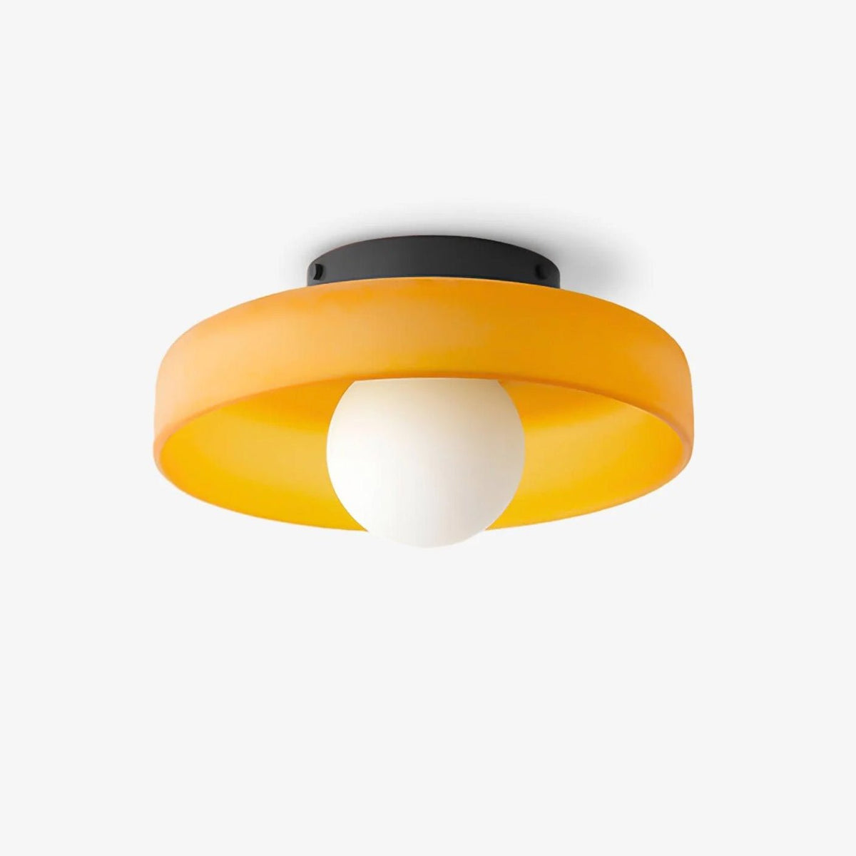 This Clérachic orange ceiling light shot straight on, its white glass ball unlit against a light backdrop.