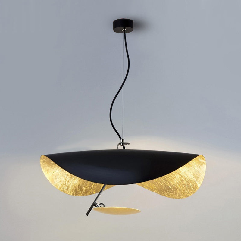 Curved disc pendant light with slim arm and warm glow