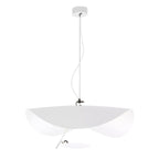 Curved disc pendant light glowing above a dining setting