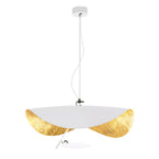 White and gold disc pendant light on a slim metal rod