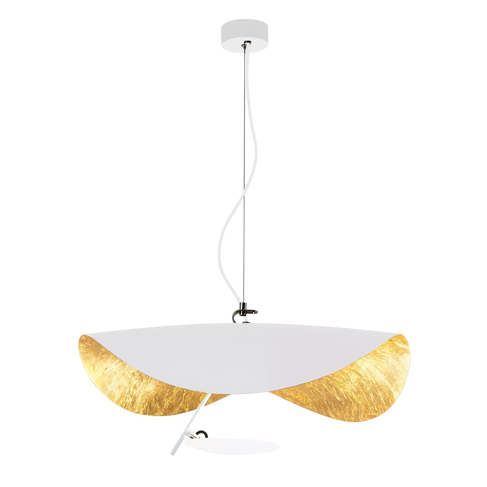 White and gold disc pendant light on a slim metal rod