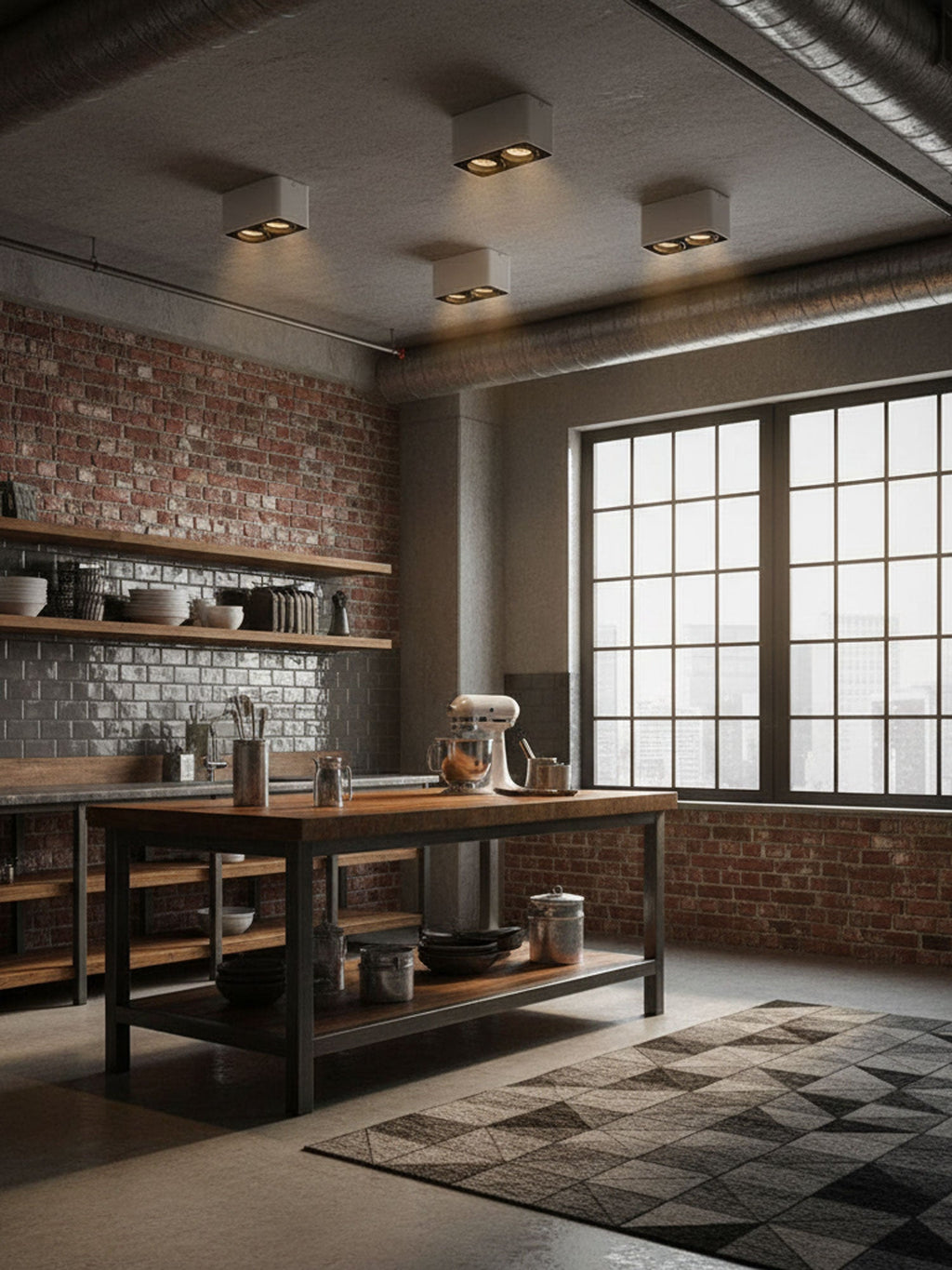 Viewed from below, several black Clérachic spotlights line a brick kitchen ceiling above a wooden table.