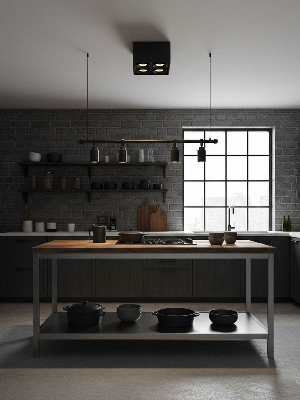 Near a kitchen window with dark cabinetry, a small black Clérachic spotlight sits mounted on the ceiling.