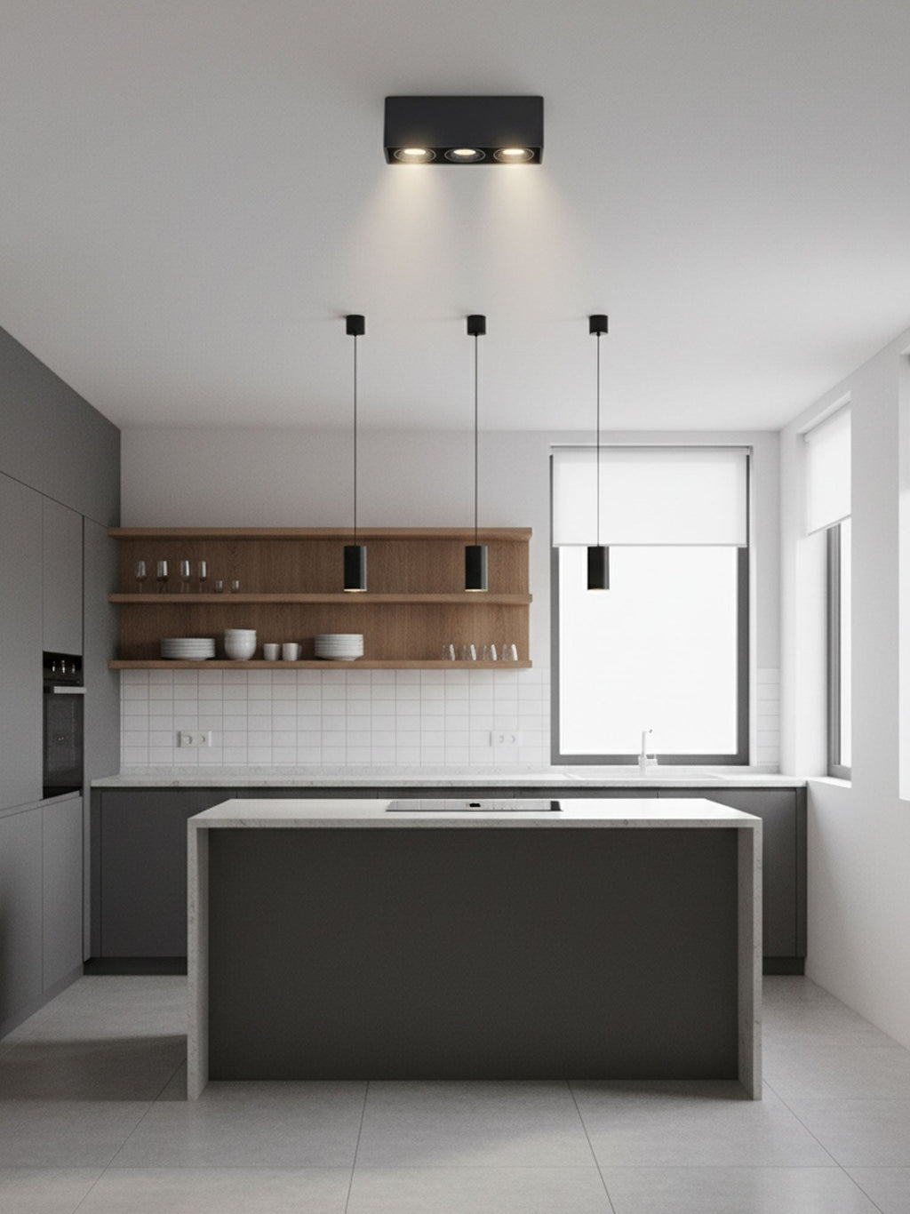 Near hanging pendant lights in a kitchen, a black two-light Clérachic spotlight glows warm over the island.