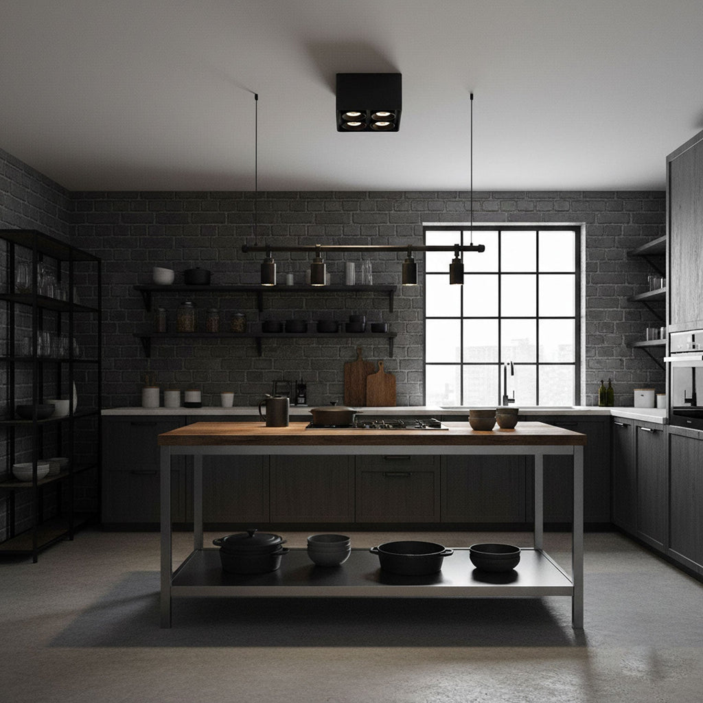 Mounted above an industrial kitchen with brick walls and open shelving, a single black Clérachic spotlight sits on the ceiling.