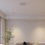 Near a potted plant and sheer curtain, two white Clérachic spotlights sit unlit on a living room ceiling.