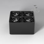 This black four-light Clérachic spotlight render includes a beam-angle diagram showing its 30-degree spread.