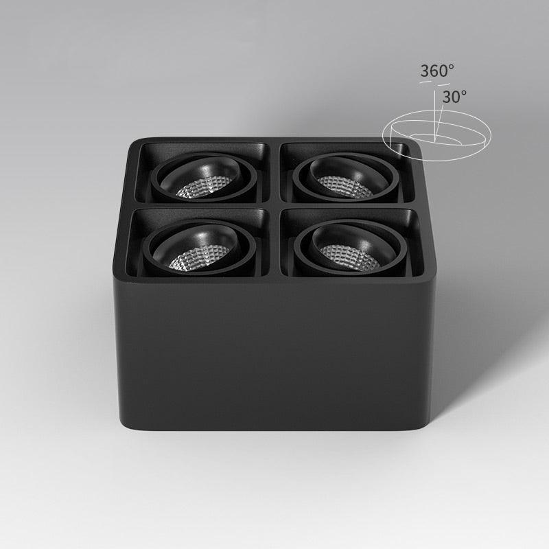 This black four-light Clérachic spotlight render includes a beam-angle diagram showing its 30-degree spread.