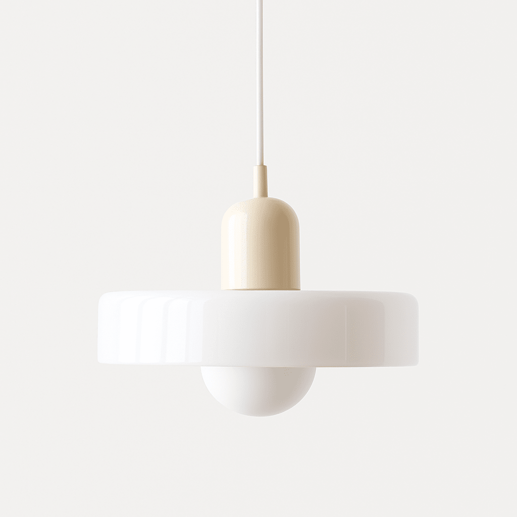 Pendellampe, lodret metalstamme, glasskærm, loftmonteret