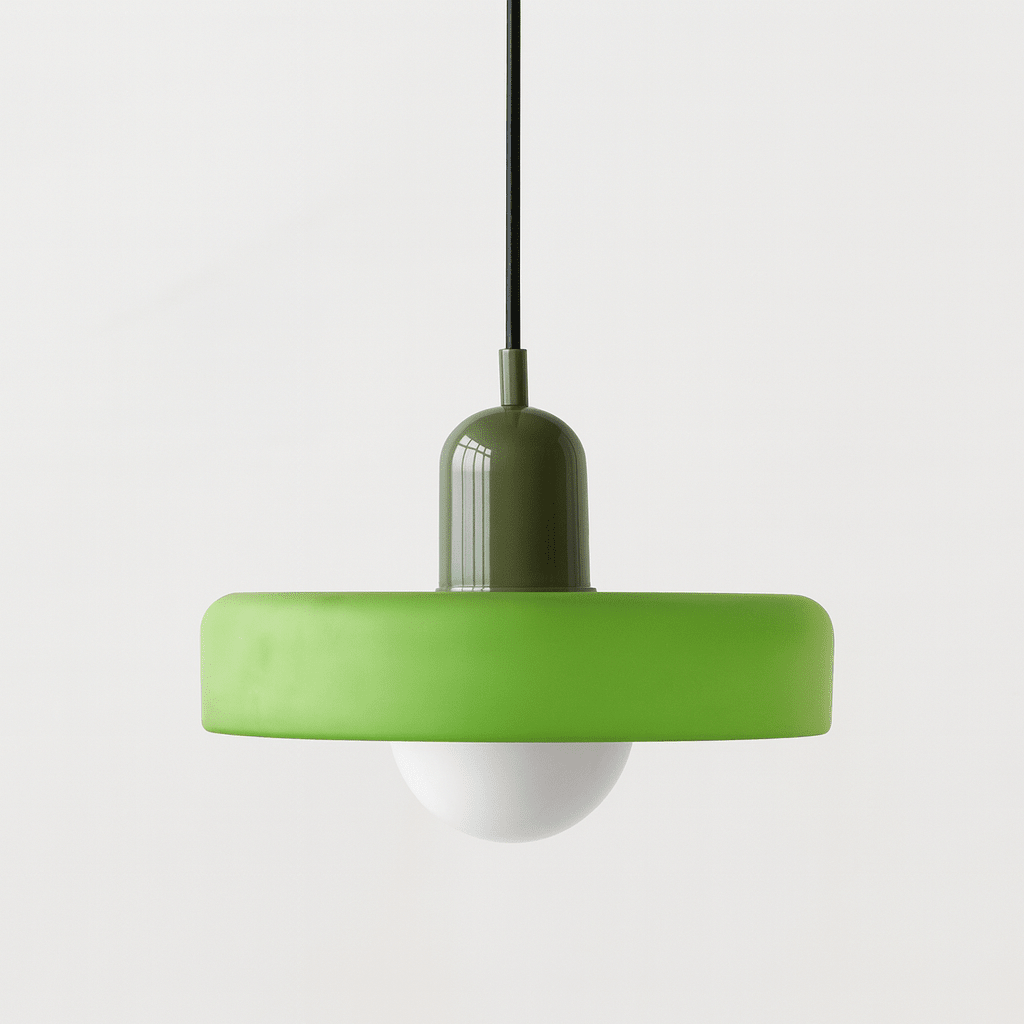 Pendellampe, lodret metalstamme, glasskærm, loftmonteret