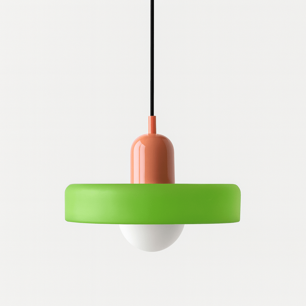 Pendellampe, lodret metalstamme, glasskærm, loftmonteret
