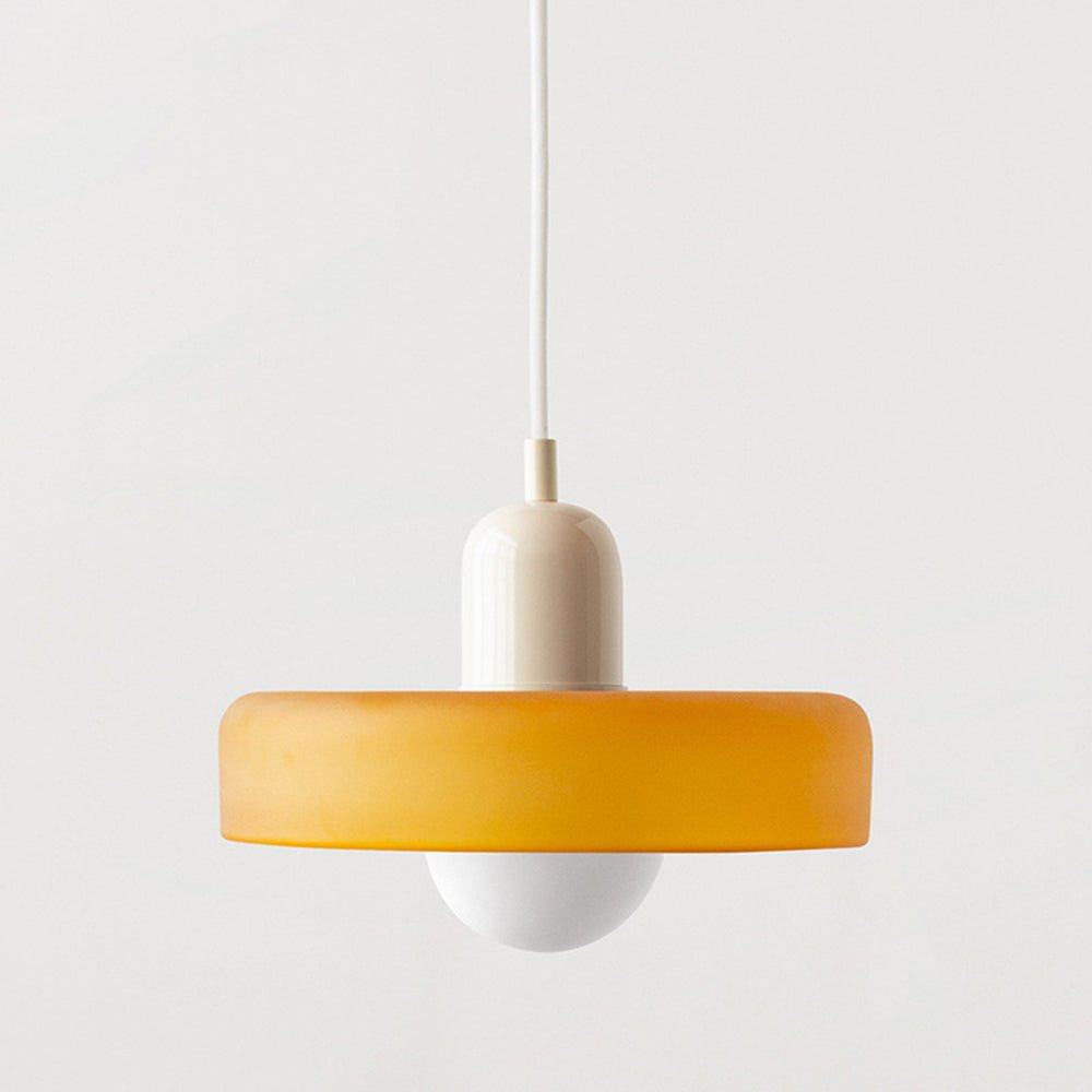 Pendellampe, lodret metalstamme, glasskærm, loftmonteret