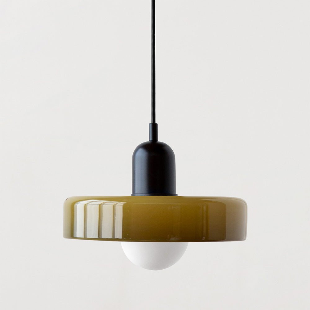 Pendellampe, lodret metalstamme, glasskærm, loftmonteret