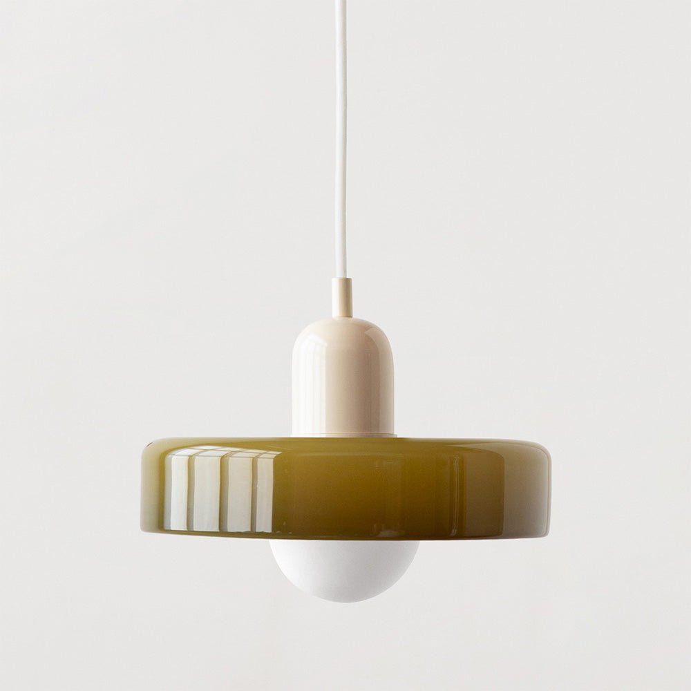 Pendellampe, lodret metalstamme, glasskærm, loftmonteret