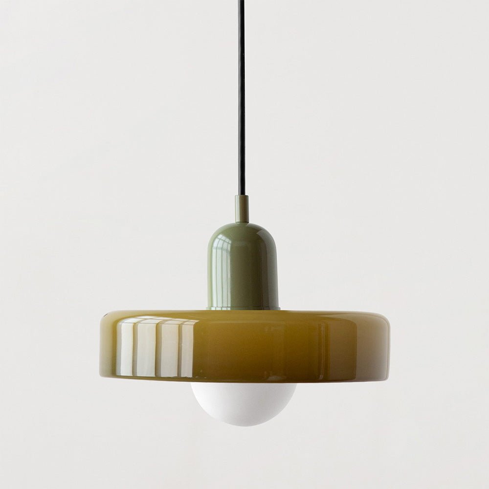 Pendellampe, lodret metalstamme, glasskærm, loftmonteret