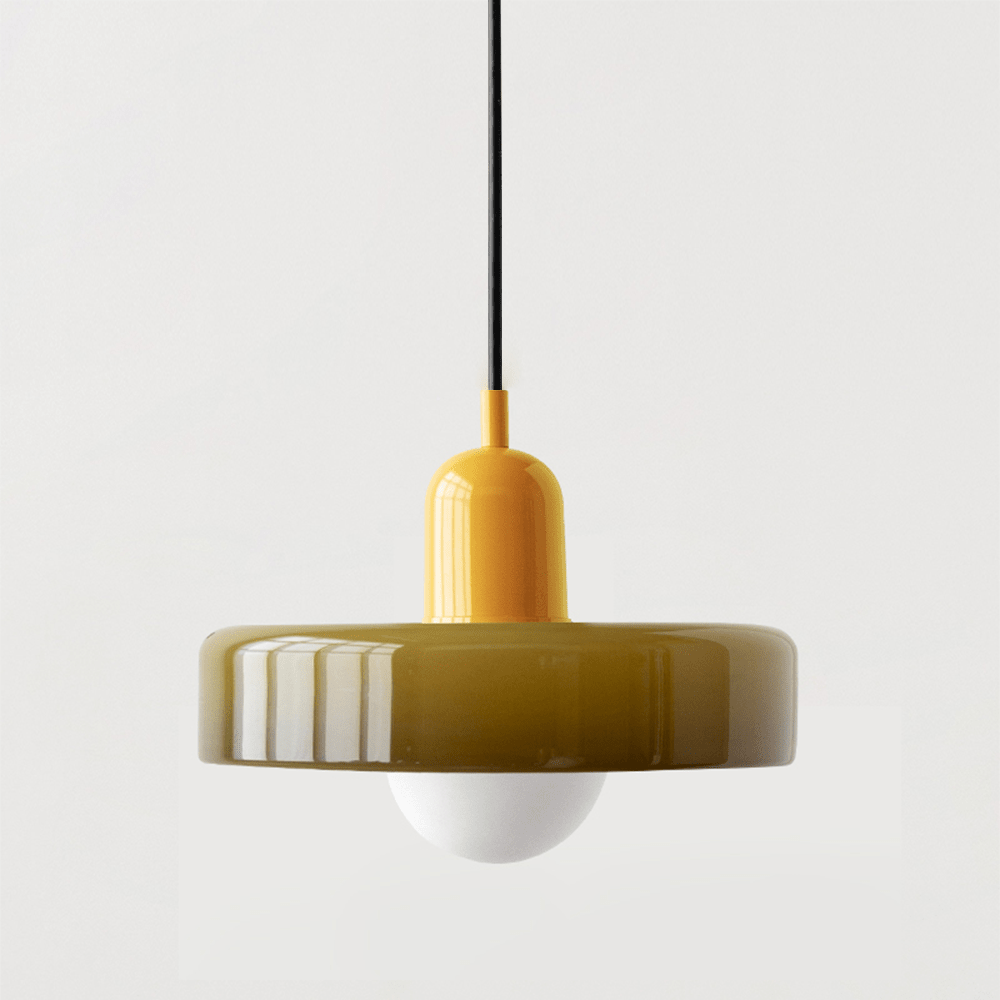 Pendellampe, lodret metalstamme, glasskærm, loftmonteret